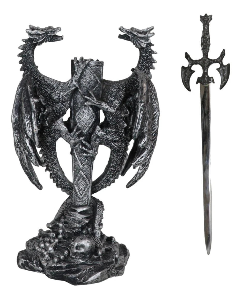 Figura abrecartas de fantasía gótica con dragón doble trepador y espada Excalibur-4