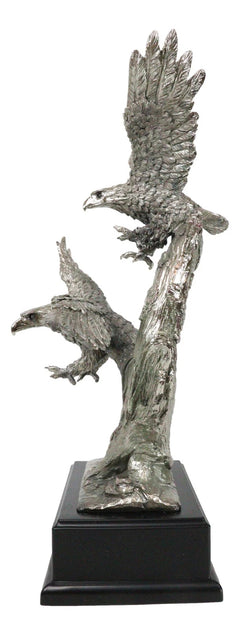 Large King Of The Skies Electroplated Silver Bald Eagles Taking Flight Statue-2