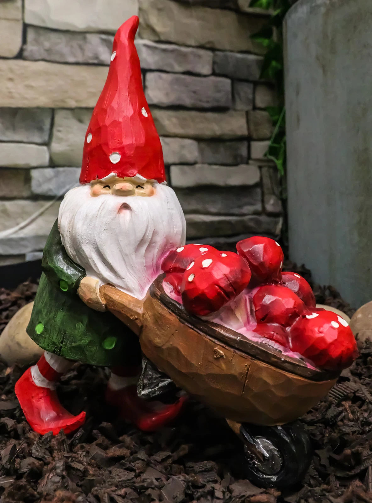 Whimsical Garden Mr Grandpa Gnome Pushing Toadstool Mushrooms Wheelbarrow Statue-1