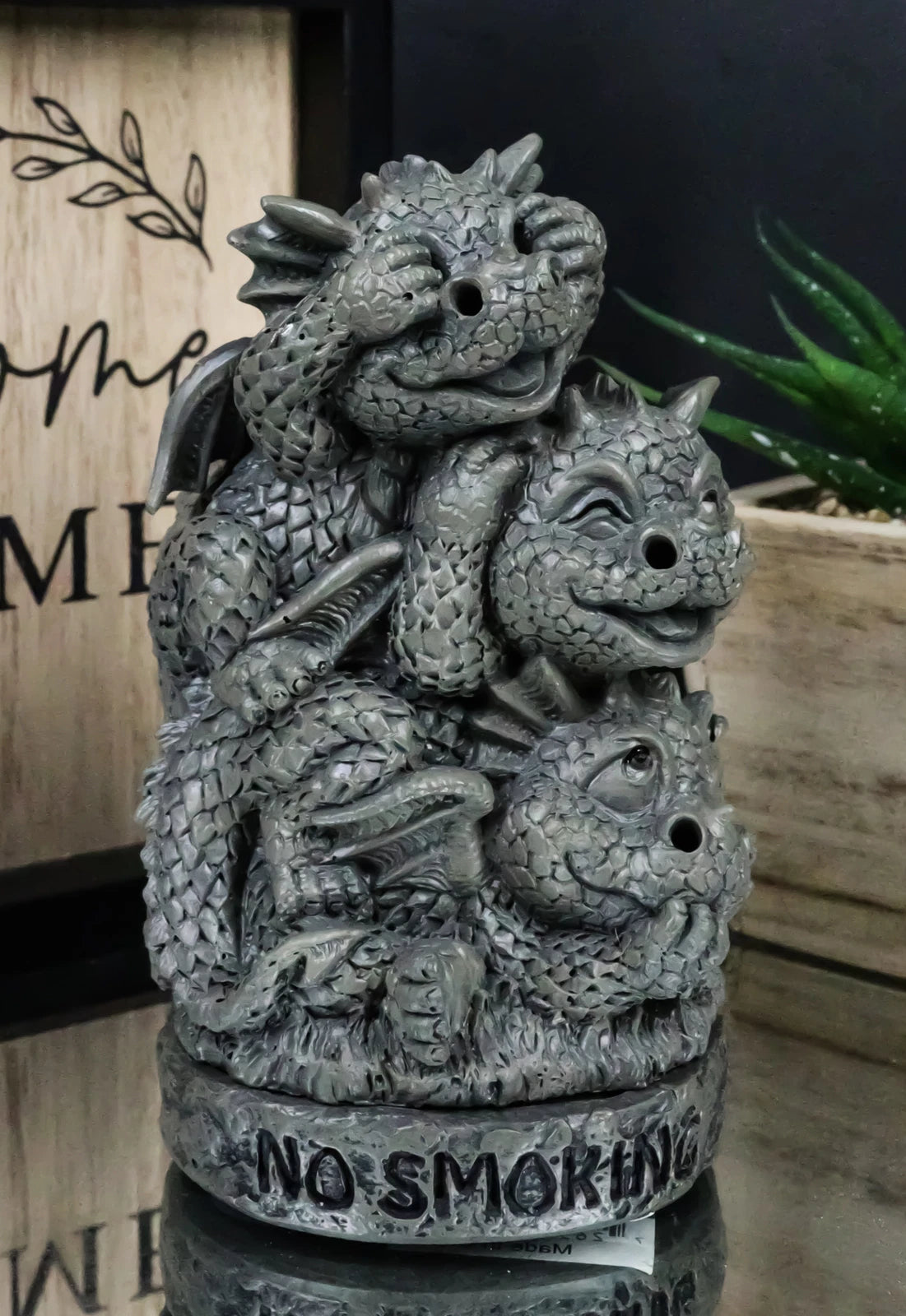 No Smoking See Hear Speak No Evil Whimsical Dragons Backflow Incense Burner-1