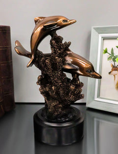 Gay Dolphins Swimming By Ocean Coral Reef Electroplated Bronze Resin Figurine-1