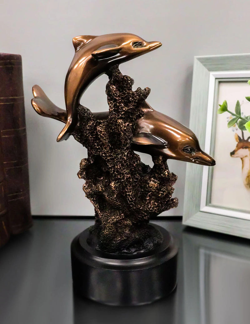 Gay Dolphins Swimming By Ocean Coral Reef Electroplated Bronze Resin Figurine-1