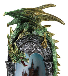 Green Dragon Perching On Celtic Arch Columns With Red Wyrmling LED Light Statue-3