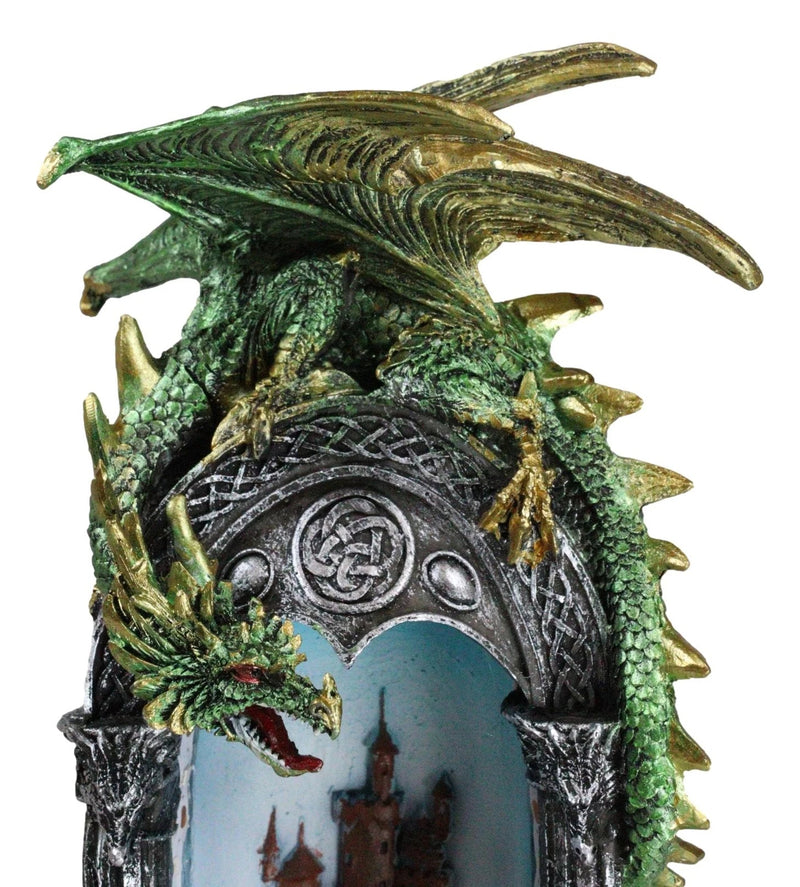 Green Dragon Perching On Celtic Arch Columns With Red Wyrmling LED Light Statue-3