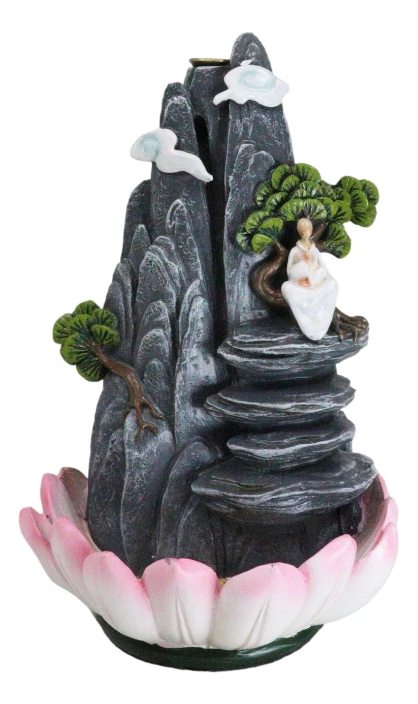 Zen Rocky Mountain Steppes With Monk On Giant Lotus Backflow Cone Incense Holder-6