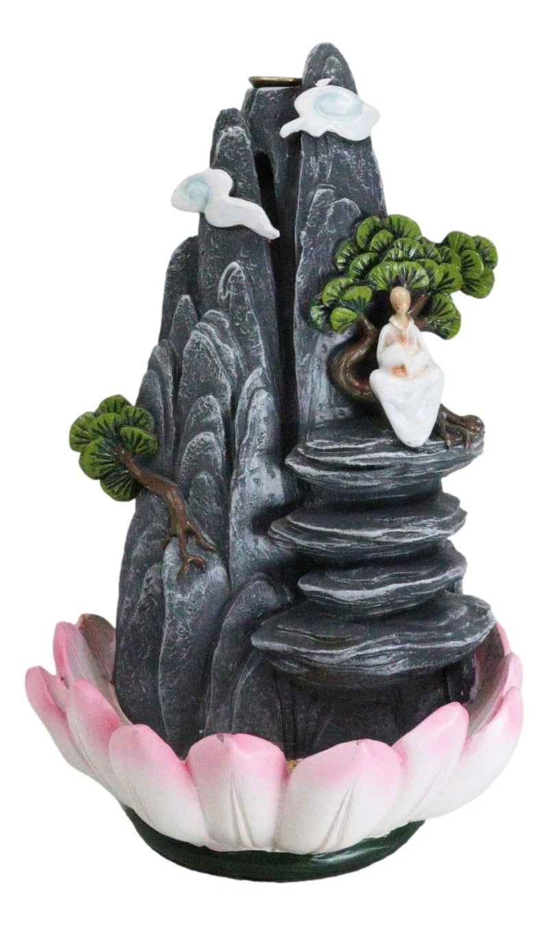 Zen Rocky Mountain Steppes With Monk On Giant Lotus Backflow Cone Incense Holder-6