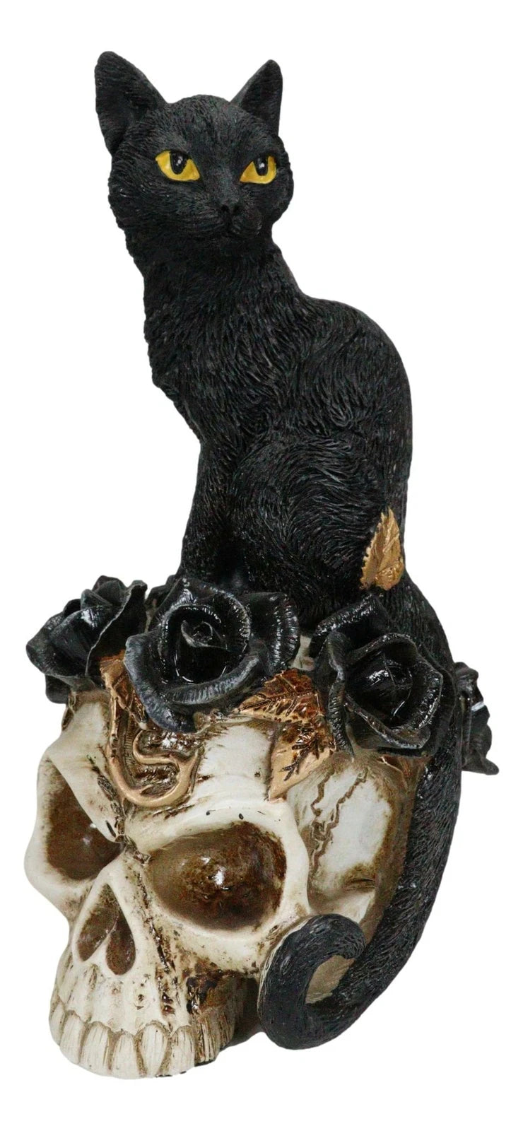 Figura de gato gótico, felino negro sentado sobre una rosa, estatua de calavera de vampiro fantasma, 18 cm de alto, decoración del hogar, exhibición, adorno de escritorio, decoración de Halloween, regalo de fantasía gótica-3