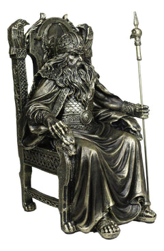 Norse Viking Odin The Alfather Sitting On A Throne with Raven Spear Statue-4