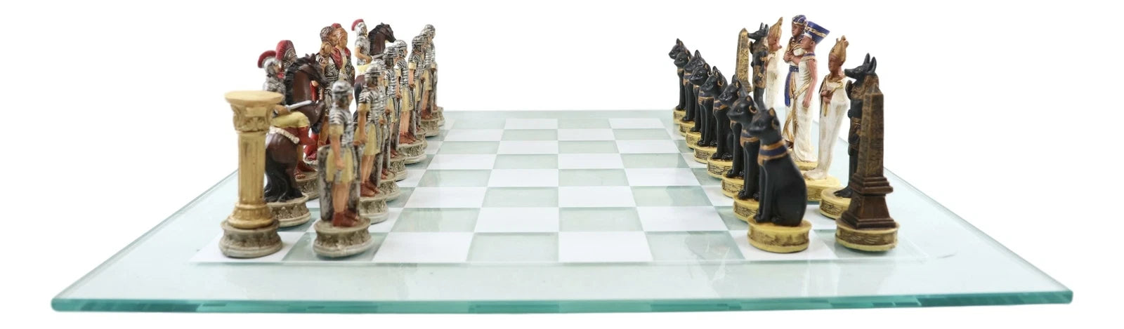Pharaoh Egyptian VS Caesar Roman Empire Resin Chess Pieces W/ Glass Board-5
