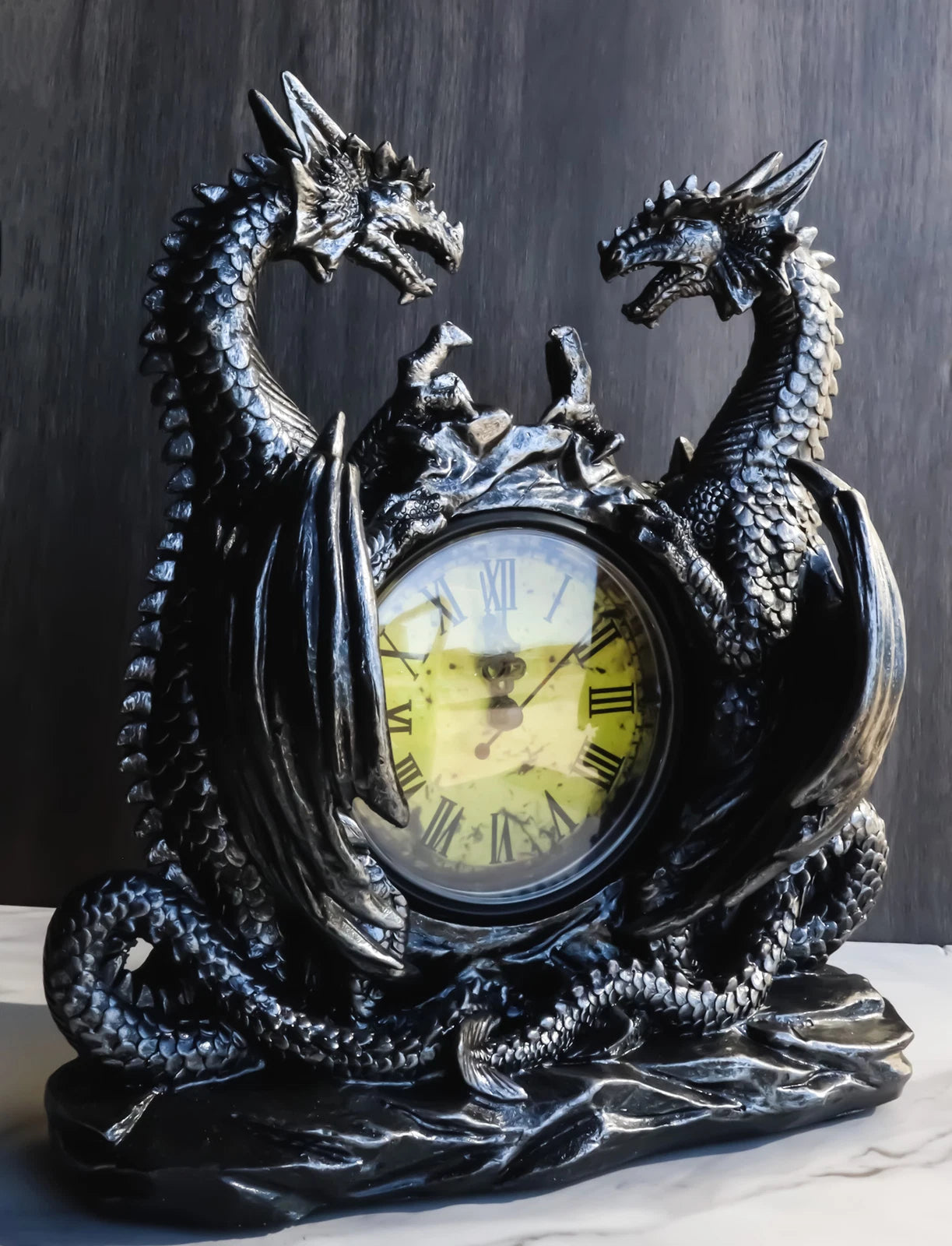 Gothic Twin Dragons Table Clock Statue With Roman Numerals In Metallic Look 11"H