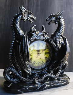 Gothic Twin Dragons Table Clock Statue With Roman Numerals In Metallic Look 11"H-2