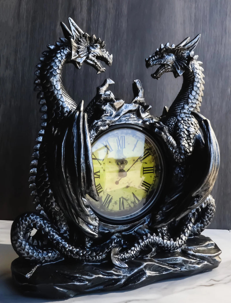 Gothic Twin Dragons Table Clock Statue With Roman Numerals In Metallic Look 11"H-2