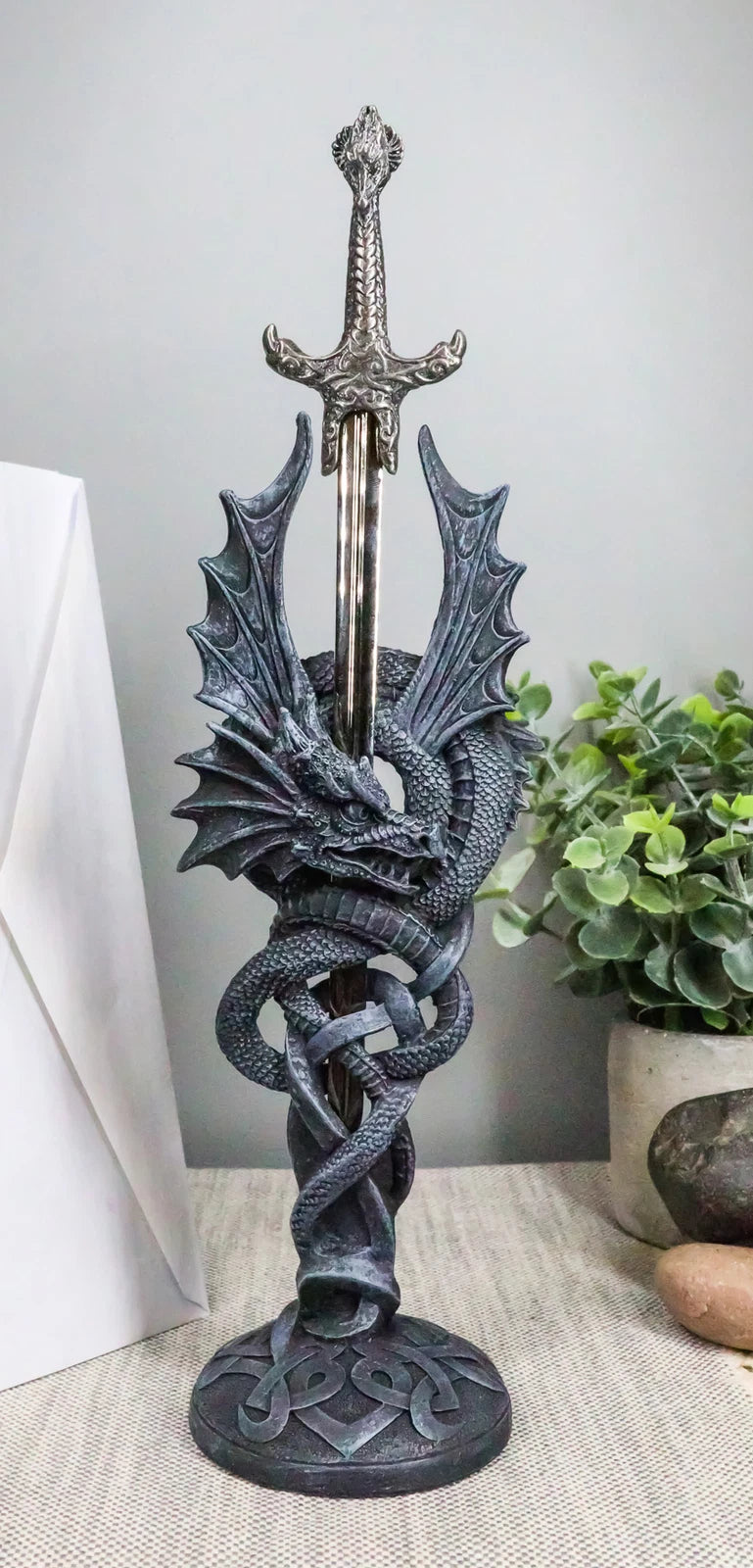 Celtic Beowulf Slitherin Dragon Holding Excalibur Sword Letter Opener Figurine-3