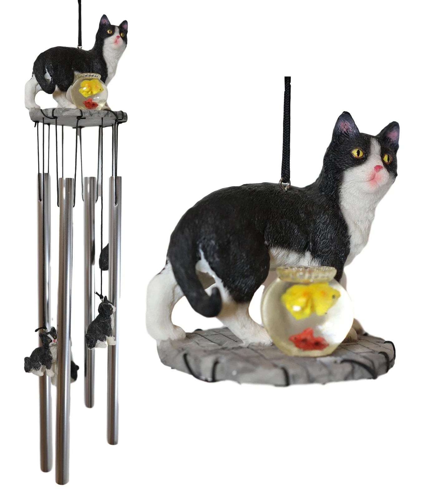 Tuxedo Black Kitty Cat with Fish Bowl Resonant Wind Chime 18.5"H Garden-4