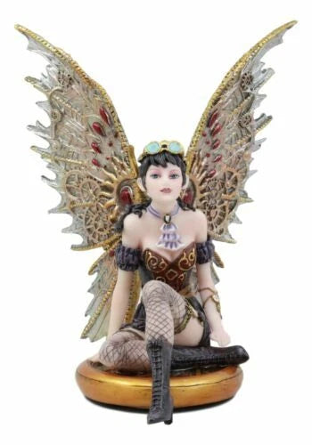 Steampunk Air Force Pilot Assassin Fairy Sitting On Time Warp Machine Figurine-5