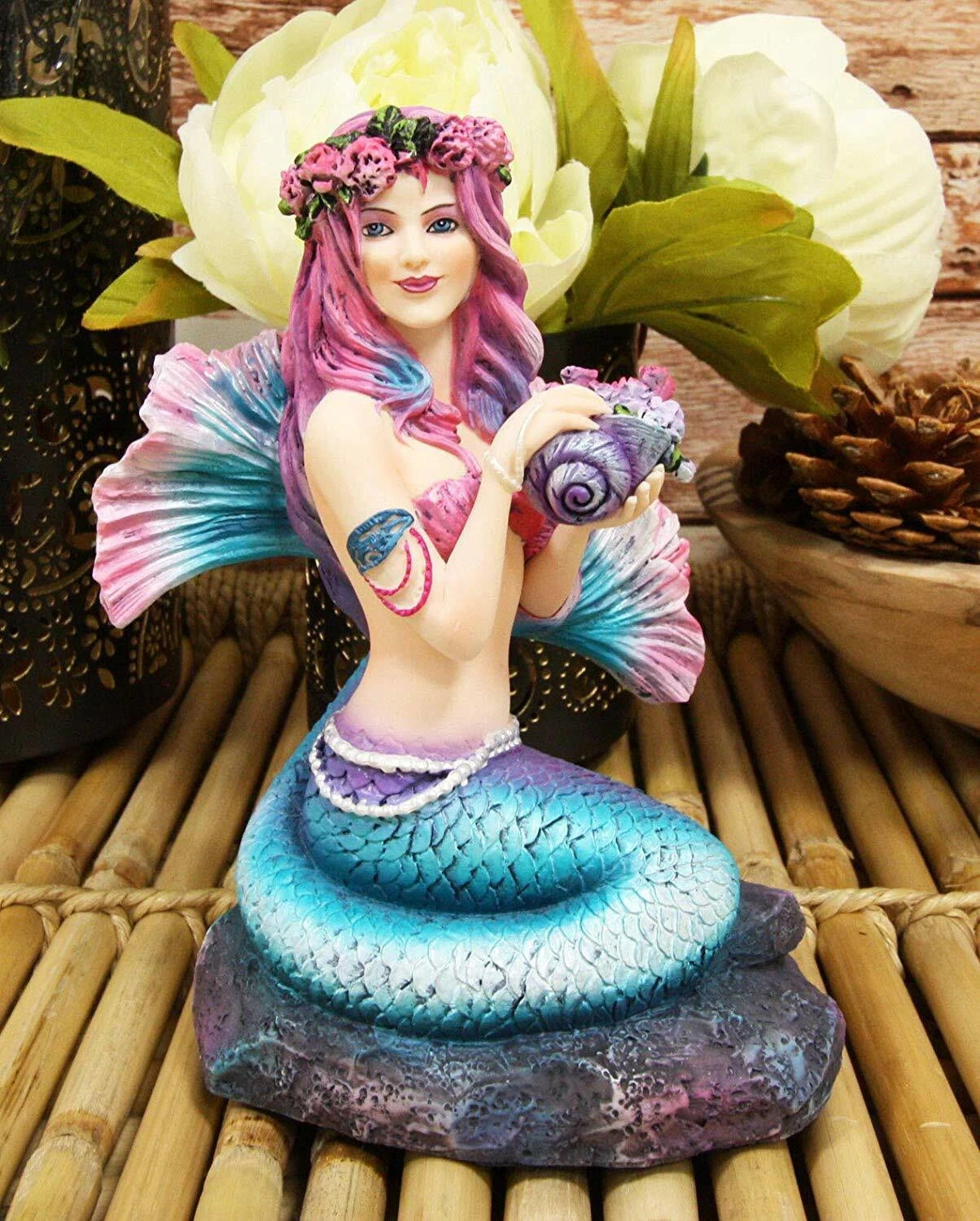 Brigid Ashwood Mermaid Ocean Spring Flowers Holding Conch Statue 6.25" H-3
