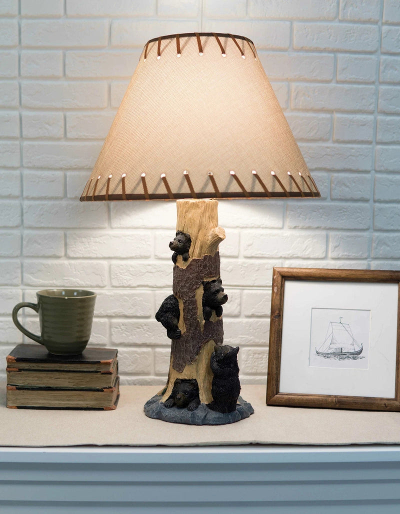 Rustic Black Bear Cubs Peekaboo Climbers by A Tree Table Lamp Statue With Shade-1