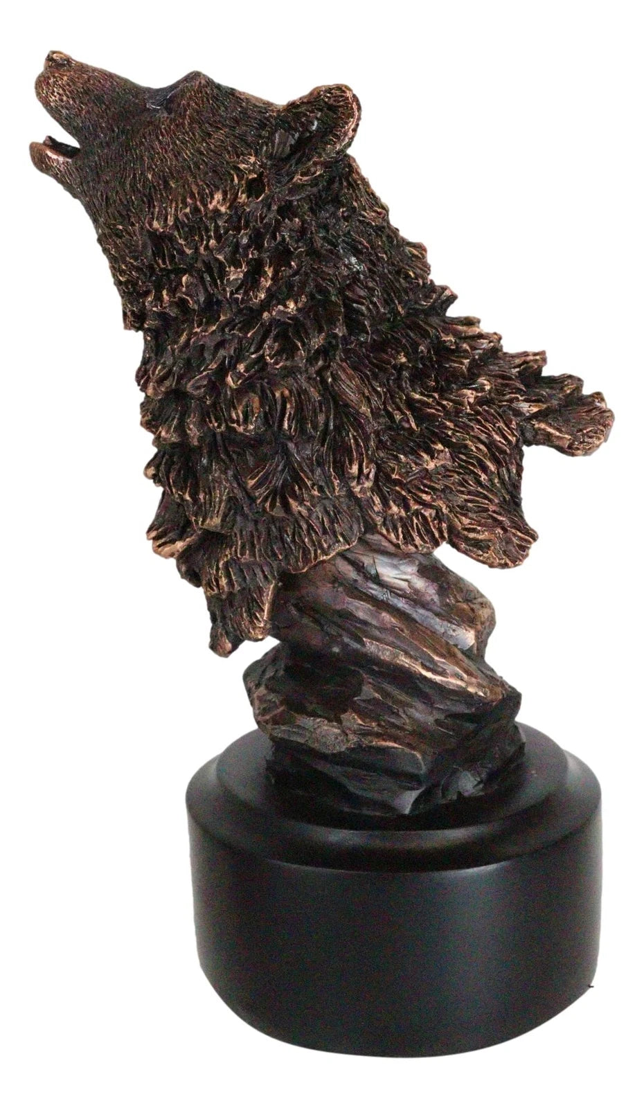 Busto de cabeza de lobo alfa aullando de Rustic Woodlands, figura de resina bronceada con base