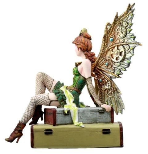Steampunk Aviator Fairy Sitting On Suitcases Figurine 9"H Victorian Traveler-4