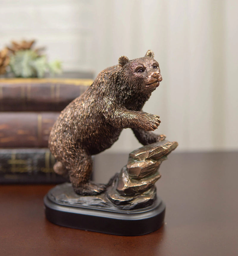 Grizzly Bear Climbing On River Rock Statue 6.25"Tall Bronze Electroplated Resin-8
