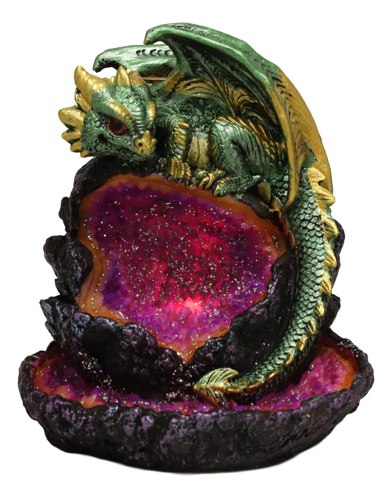 Wyrmling Dragon On Crystal Geode Rock Backflow Incense Burner Statue With LED-5