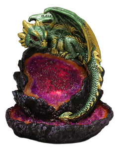 Wyrmling Dragon On Crystal Geode Rock Backflow Incense Burner Statue With LED-5
