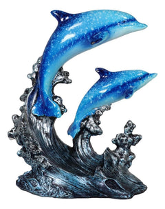 Nautical Marine Sea Ocean 2 Blue Dolphins Swimming Over Reef Waves Figurine-3