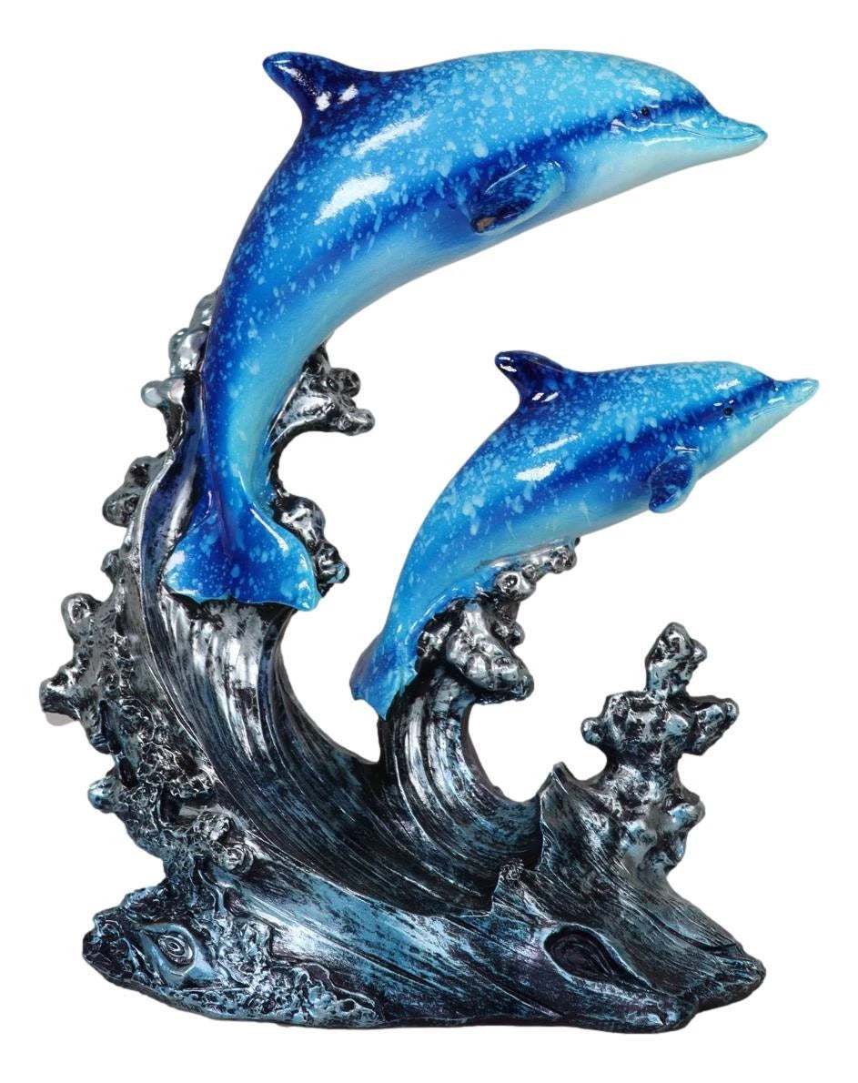 Nautical Marine Sea Ocean 2 Blue Dolphins Swimming Over Reef Waves Figurine-3