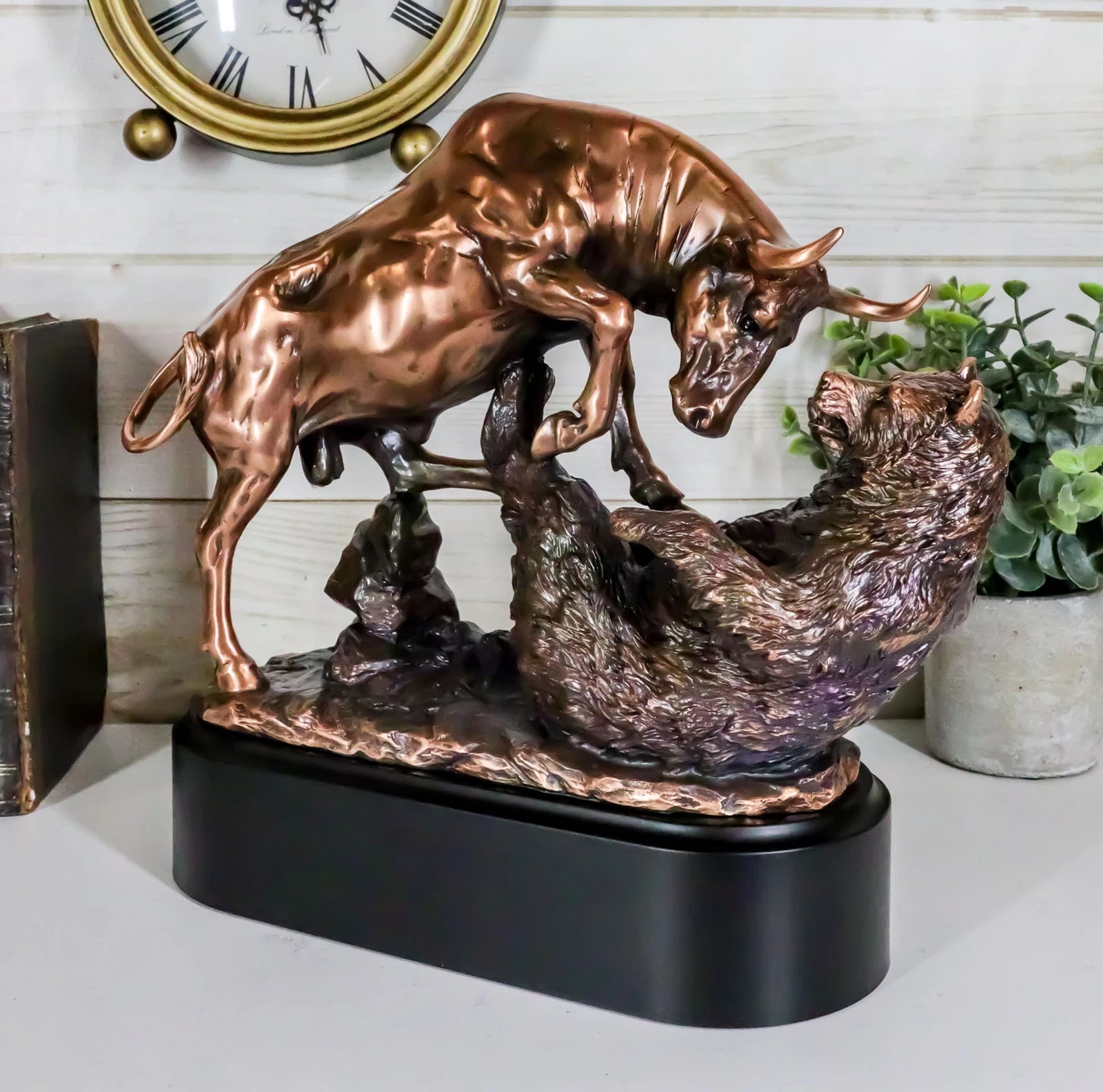 Wall Street Stock Market Charging Bull Trouncing Bear Statue With Pedestal Base-2