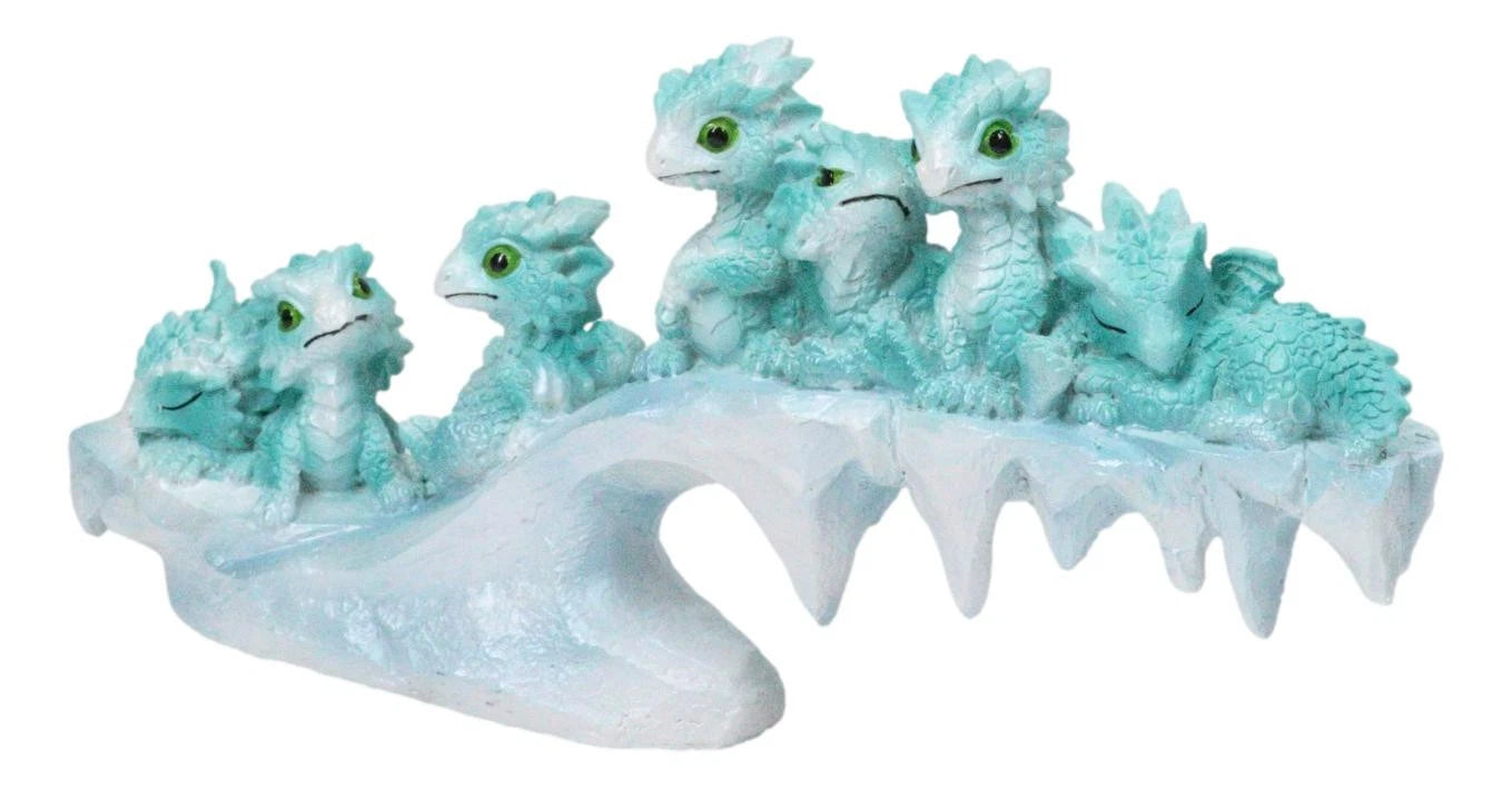 Winter Wonderland Ice Blue Baby Dragons On Frozen Bridge Glacier Rock Figurine-3