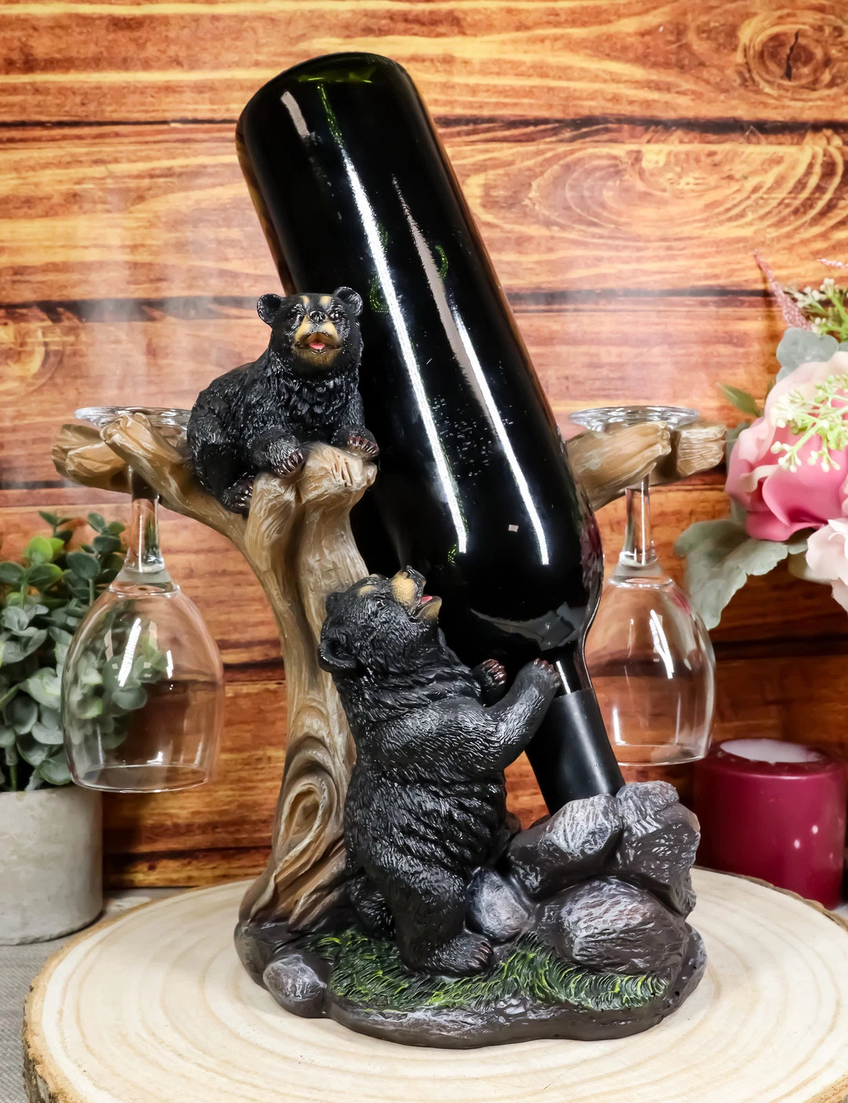 10"H Climbing Black Bear Liquor Wine Glasses and Bottle Holder Figurine