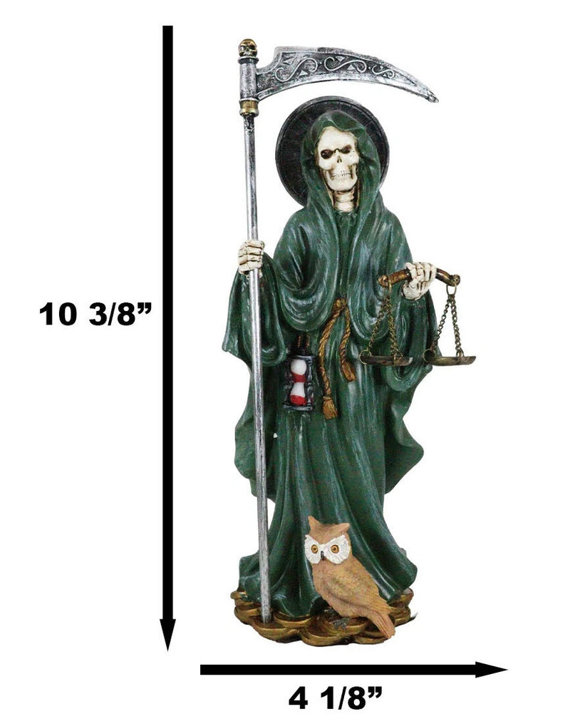 Standing Green Santa Muerte With Scythe Scales of Justice And Wise Owl Figurine-3