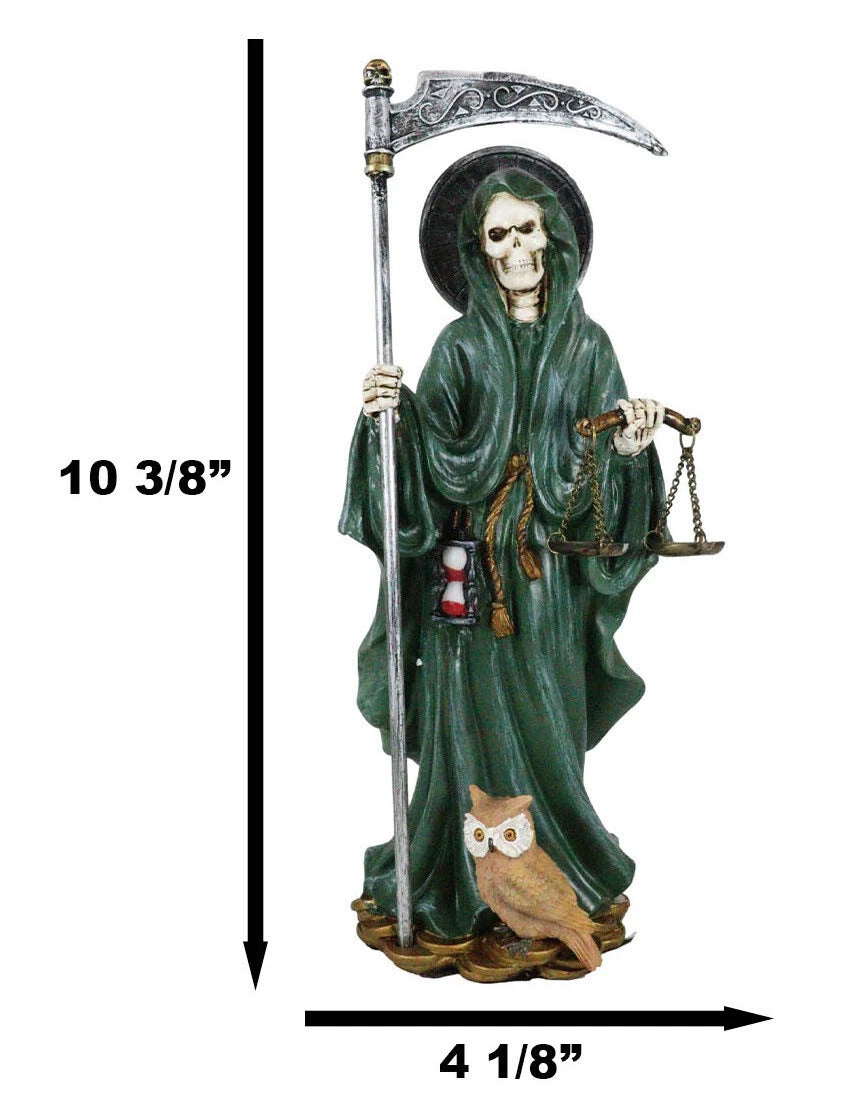 Standing Green Santa Muerte With Scythe Scales of Justice And Wise Owl Figurine-3