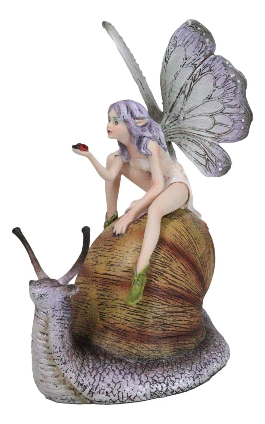 Fantasy Purple Elf Pixie Fairy Ladybug Sitting On Giant Snail Mollusk Figurine-5
