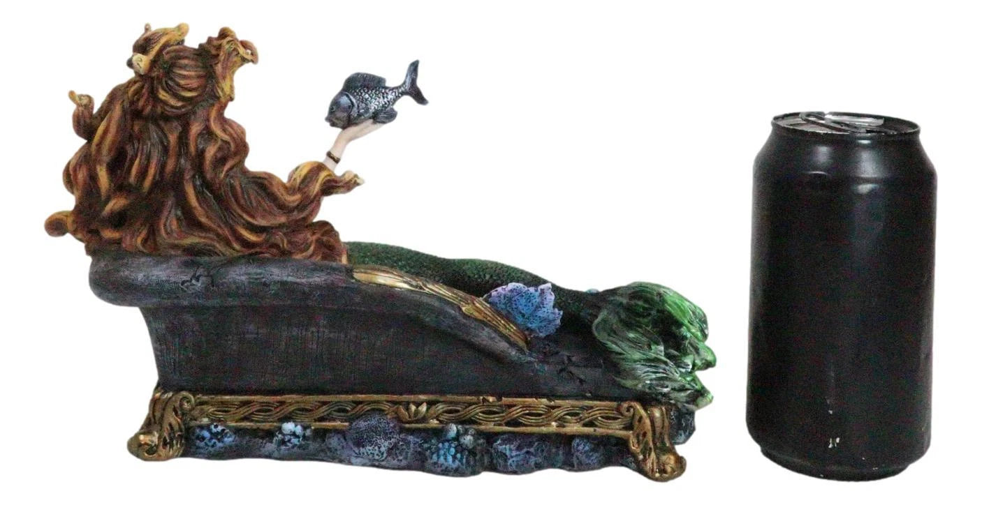 Queen Of Atlantis Siren Mermaid With Fish Resting On Sea Lounge Chair Figurine-6