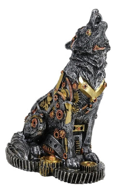 Steampunk Silver Alpha Wolf Howling Statue with Gears Base 7.5"H Figurine-4