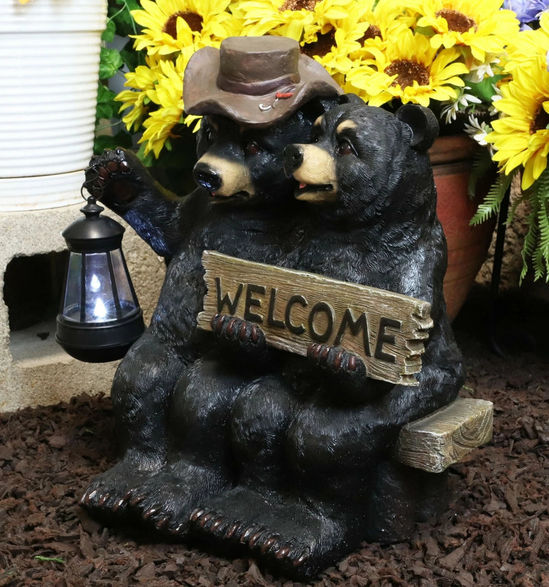 Rustic Black Bear Couple By Bench With Welcome Sign & LED Lantern Garden Statue-2