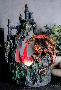 Red Garnet Fire Dragon By Rocky Mountain With Castle LED Light Figurine-2