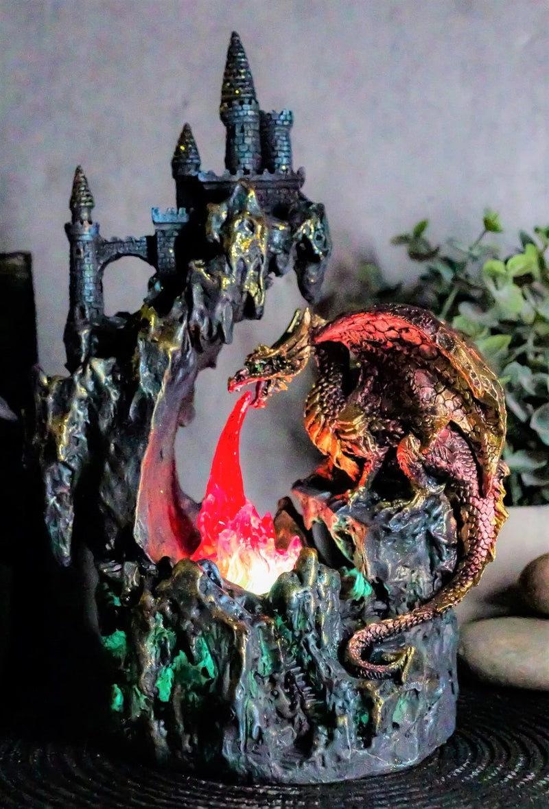 Red Garnet Fire Dragon By Rocky Mountain With Castle LED Light Figurine-2