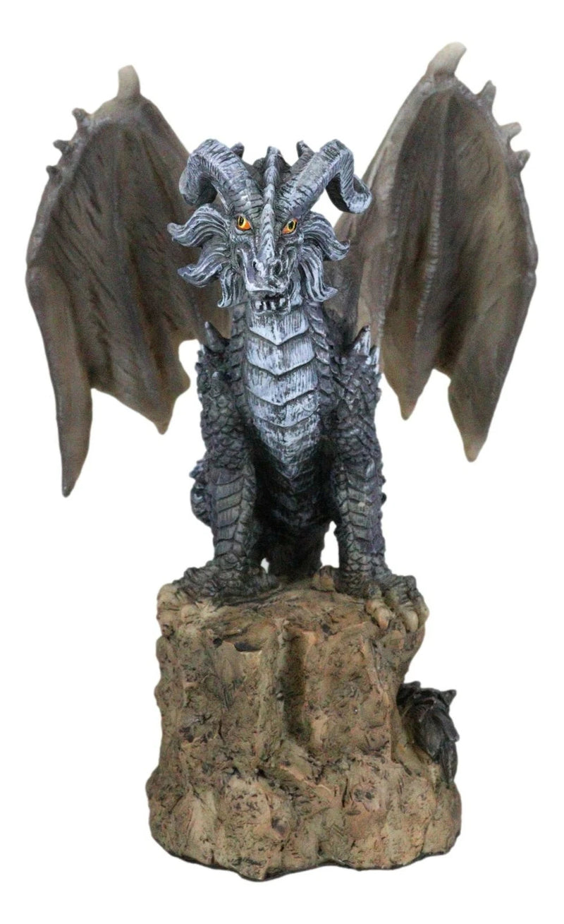 Large Medieval Sentry Abraxas Black Dragon Standing On Stump Rock Statue 9.25"H-2