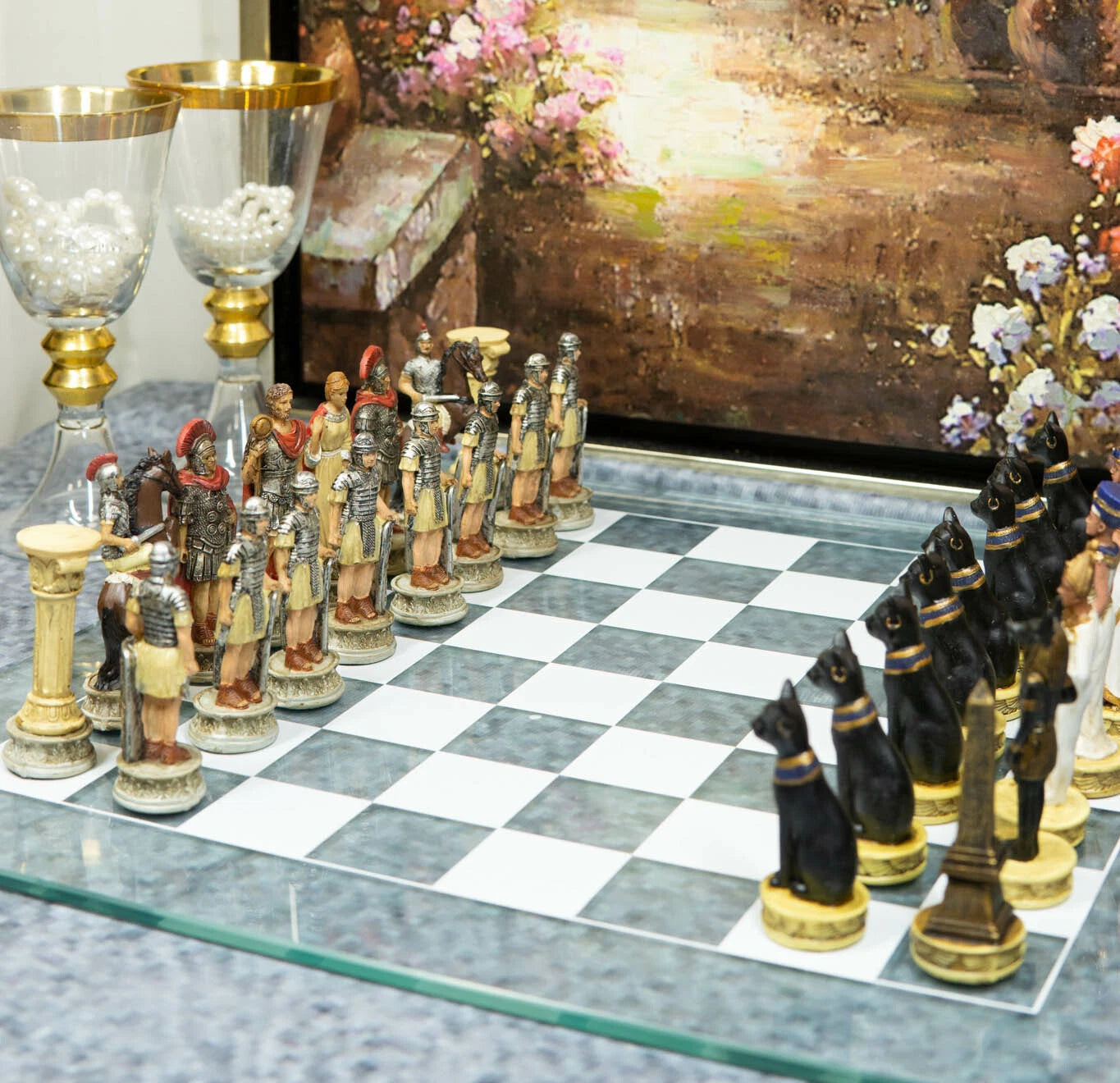 Pharaoh Egyptian VS Caesar Roman Empire Resin Chess Pieces W/ Glass Board-2