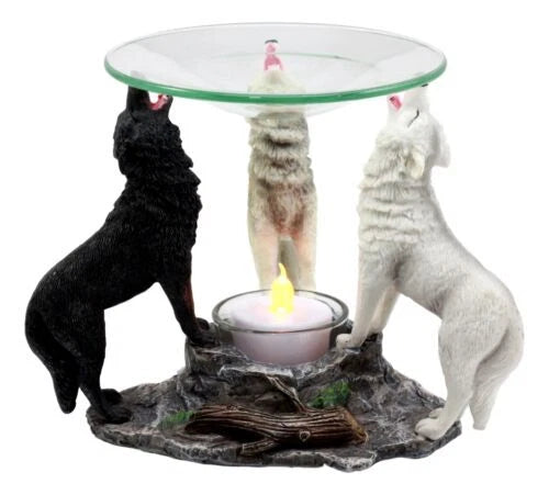 Moonlight Colorful Three Howling Wolves Oil & Wax Tart Burner Figurine-6
