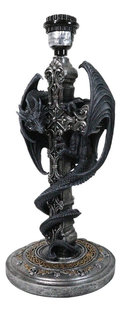 Gothic Faux Stone Dragon Perching On Celtic High Cross Sculptural Table Lamp-5