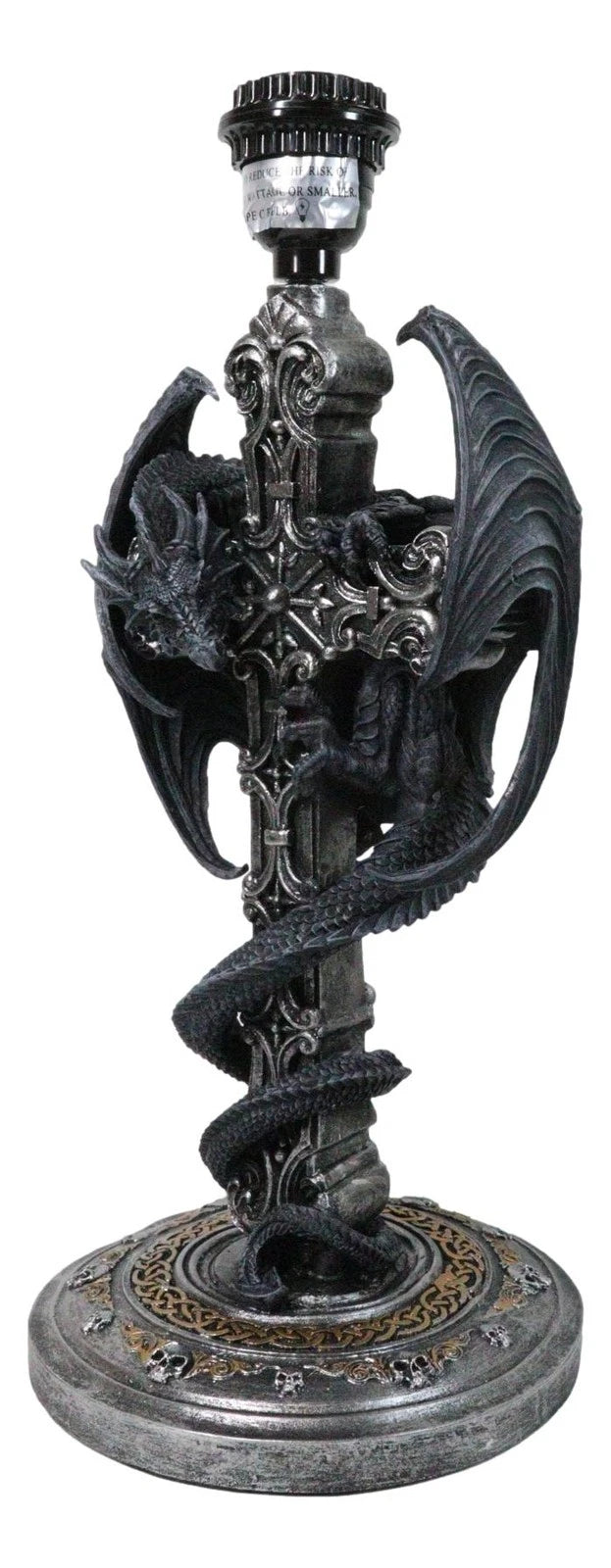 Gothic Faux Stone Dragon Perching On Celtic High Cross Sculptural Table Lamp-5