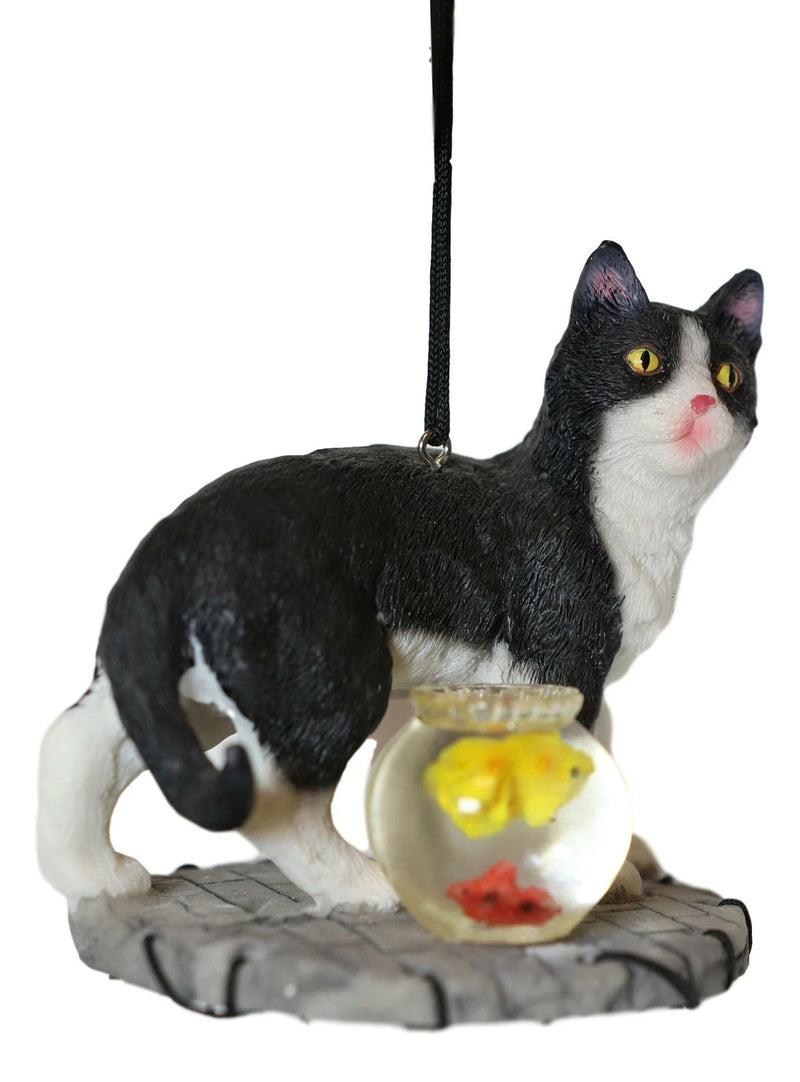 Tuxedo Black Kitty Cat with Fish Bowl Resonant Wind Chime 18.5"H Garden-5