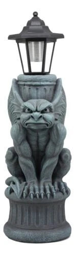 Gothic Crouching Winged Gargoyle Statue With Solar LED Lantern Light Post 20"H-7