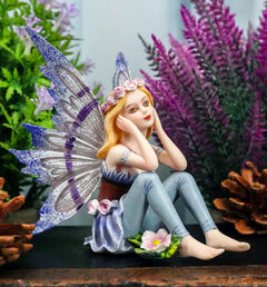 Small Meadowland Tribal Purple Periwinkle Flower Girl Fairy Daydreaming Figurine-1
