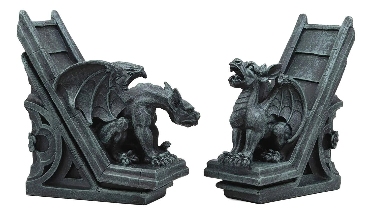 Gothic Roaring Gargoyles On Rooftop Sculptural Bookends Set 7" High Decor-2