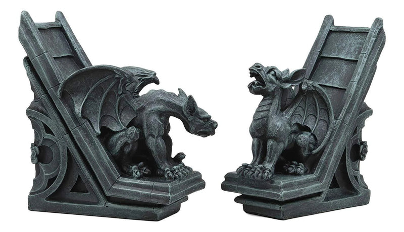 Gothic Roaring Gargoyles On Rooftop Sculptural Bookends Set 7" High Decor-2