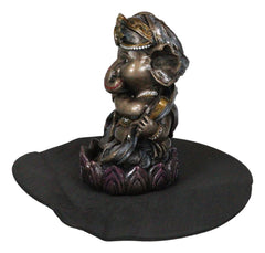 Hindu God Ganapati Baby Ganesha Playing Flute On Lotus Backflow Incense Burner-5